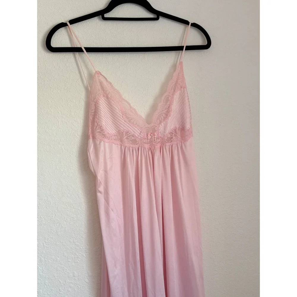Vintage Pink kayser satin Lace Maxi Nightgown Spaghetti Strap Bow slip Sleepwear